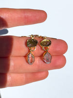 Moldavite & Herkimer Diamond Gold Earrings