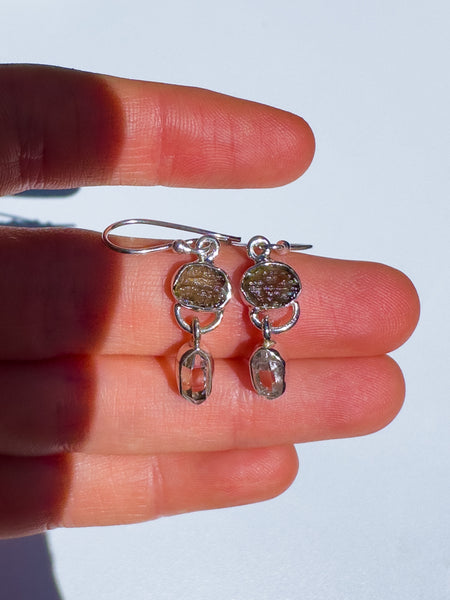 Moldavite & Herkimer Diamond Silver Earrings
