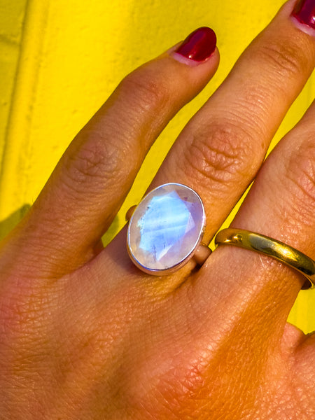 Moonstone (blue fire )Faceted Ring Size 5